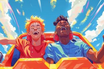 Two young boys on roller coaster ride, laughing and enjoying sunny day. Bright blue sky, colorful tracks create thrilling atmosphere. Focus on excitement, fun, and carefree childhood moments.