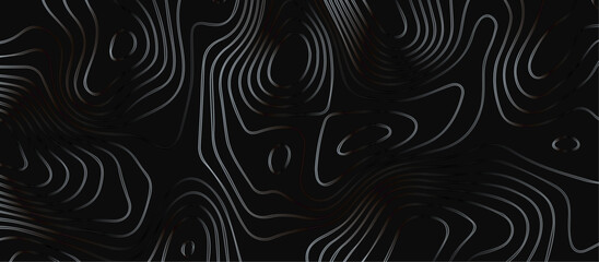 Abstract black background paper cut style with white wave curve line Luxury concept. Panorama view topography map contour background. Vector illustration. Line topography map contour background.