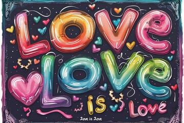 Illustration of "Love is Love" with balloon-style letters and hearts. playful design showcases colorful balloons and hearts, LGBTQ+ pride, love, unity, and celebration in a joyful, artistic manner.