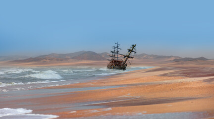 An old ship aground on the skeleton beach - Skeleton coast Atlantic ocean meets  - Namibia, South...