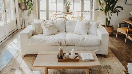 A minimalist living room with a white bed, a wooden coffee table