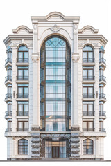 Elegant modern apartment building with glass facade and detailed architecture on white background, classic style design.