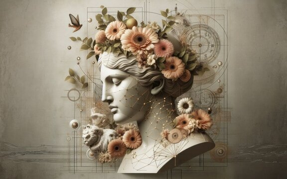 A female statue. Nymph with a wreath of flowers, illustration