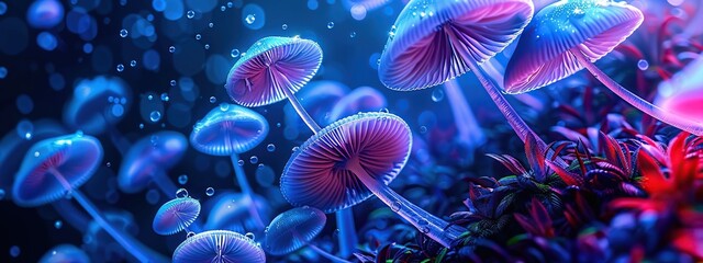 Group of futuristic glow-in-the-dark purple and blue mushrooms. The scene was mysterious and ethereal