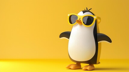 Naklejka premium 3d illustration of cute happy penguin wearing yellow sunglasses, yellow background