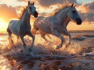 Some white horses running on the beach, sunset, water splashes