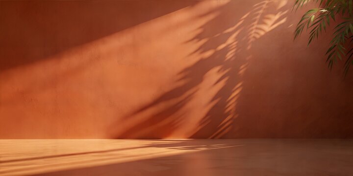 Terracotta Wall Leaf Shadows: A warm, terracotta wall and floor with subtle leaf shadows, perfect for earthy and rustic product displays.
