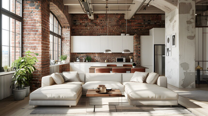 A room with a brick wall and a wooden dresser