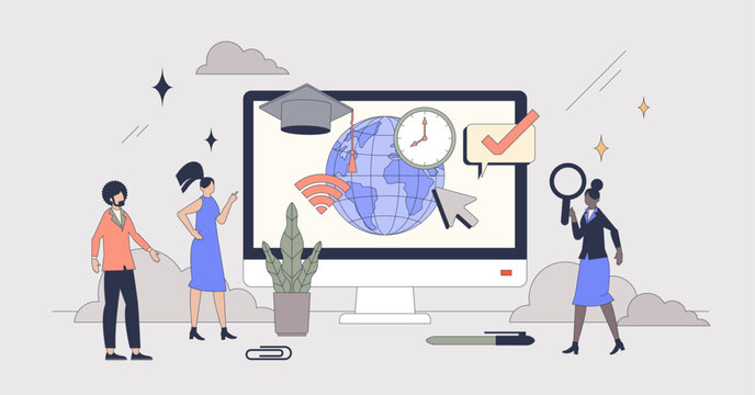 Remote learning and online education course tiny person neubrutalism concept. International or global study using web platforms as effective and flexible solution for knowledge vector illustration.