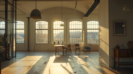 A large room with a window and plants