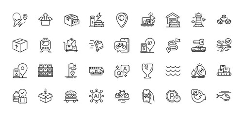Garage, Lighthouse and Diesel station line icons pack. AI, Question and Answer, Map pin icons. Online storage, Charging station, Journey web icon. Vector