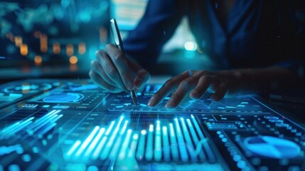 analysis working with the latest financial results. Analysis of sales forecast graphs, financial accounting with hand writing Abstract digital effect for background