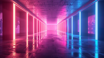 Fluorescent beams creating a vibrant pattern with geometric shapes in a dark room