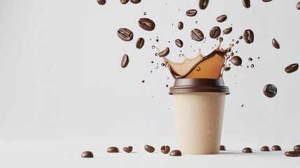 Paper coffee cup with splashes of brown liquid coffee and flying beans on white background