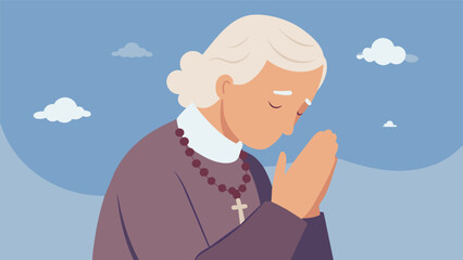 With eyes closed and head bowed an elderly pair of hands cradles the rosary as if it were the most precious possession in the world.. Vector illustration