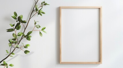 thin light wood picture frame mockup, blank canvas, white wall, neutral color palette on white background
