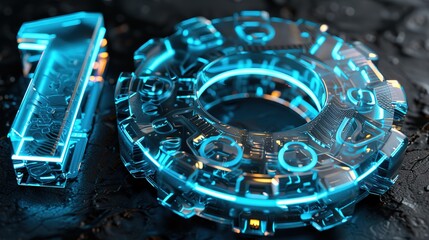 Transparent Frosted Glass Number : Glowing Sci-Fi Blue Mechanical Design