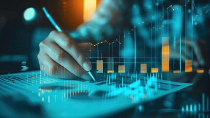 analysis working with the latest financial results. Analysis of sales forecast graphs, financial accounting with hand writing Abstract digital effect for background