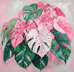 A rare variegated plant. Tropical leaves. Pink Monstera