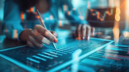 analysis working with the latest financial results. Analysis of sales forecast graphs, financial accounting with hand writing Abstract digital effect for background