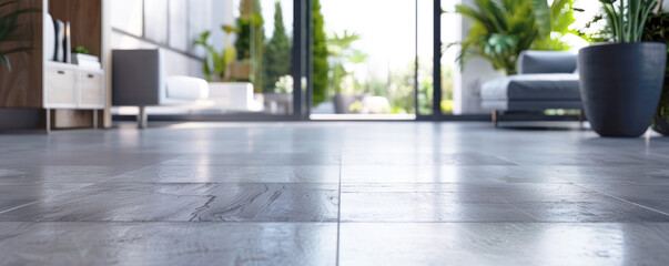 Empty room with light gray ceramic tiles on the floor and a wall in the background. Flooring sample for home, apartment, selective focus.