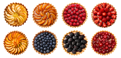 Collection of fruit cream curd fruit tart tartlet pastry dessert, on transparent PNG, top view overhead. Apple, strawberry, apricot, peach, blackberry, cherry, raspberry, blueberry. Mockup template