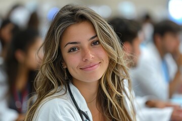 A radiant young woman in a white lab coat smiles at the camera, signaling optimism and ambition