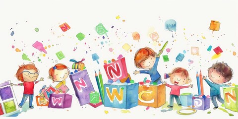 Obraz premium Playful Kids with Colorful Alphabet Blocks and Crayons