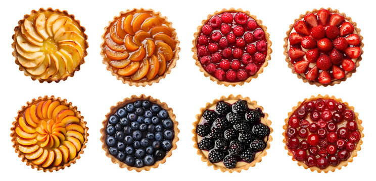 Collection of fruit cream curd fruit tart tartlet pastry dessert, on transparent PNG, top view overhead. Apple, strawberry, apricot, peach, blackberry, cherry, raspberry, blueberry. Mockup template