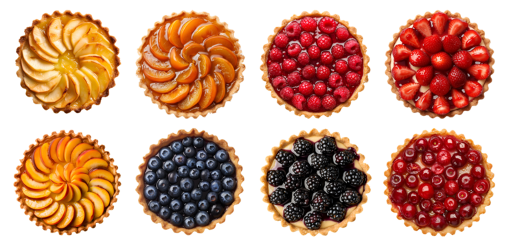 Collection of fruit cream curd fruit tart tartlet pastry dessert, on transparent PNG, top view overhead. Apple, strawberry, apricot, peach, blackberry, cherry, raspberry, blueberry. Mockup template