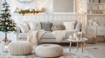 A cozy living room with a white couch, a white coffee table
