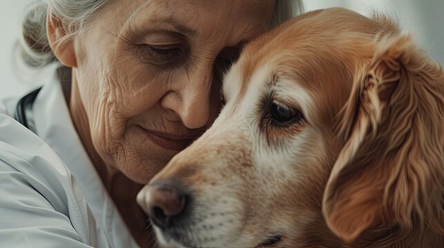 close-up photo of an mujer veterinaria abrazando a un perro viejo pastor ingles