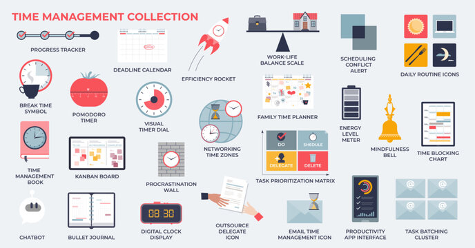 Time management for effective work organization tiny person collection set. Labeled elements with task schedule planning, project urgency and efficiency vector illustration. Business scheduling.