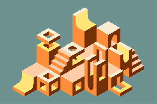 Isometric flat vector illustration with modular blocks and architectural elements. Abstract architecture design. Urban composition.