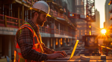 An engineer in a hard hat and safety vest works on a laptop at a construction site during sunset.