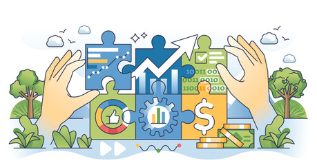 Big data in finance with economical money information outline hands concept. Gathering market trends for investment forecasting and financial software automation vector illustration. Collecting info.