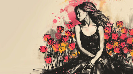 Sketch of a young woman in black dress with red tulips in the back