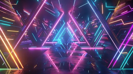 A neon colored room with a lot of lights and a lot of triangles