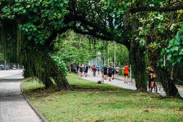 People stroll along the pedestrian path alongside Lagoa Rodrigo de Freitas, Rio de Janeiro, Brazil, South America
