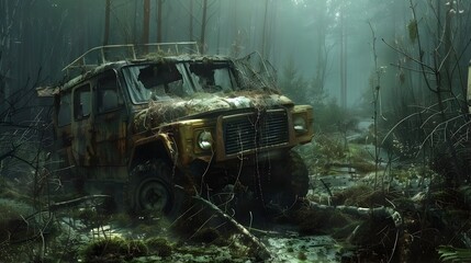 Lone Survivor in Post-Apocalyptic Wasteland of Abandoned Vehicles and Overgrown Vegetation