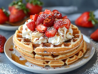 Homemade Belgian Waffles with Fresh Strawberries and Whipped Cream in Bright Kitchen Setting