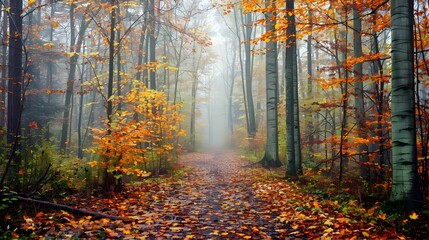 Fototapeta premium Autumn Forest Path with Misty Morning Lighting and Vibrant Foliage