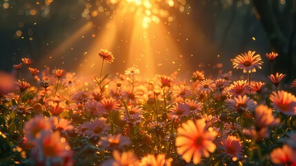 a peaceful garden filled with delicate flowers, illuminated by the soft rays of the setting sun
