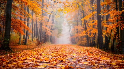 Enchanting Autumnal Forest Path Through Vibrant Foliage and Misty Ambience