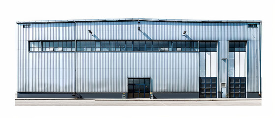 Obraz premium Modern industrial warehouse exterior with metallic facade, large windows, and loading docks, showcasing contemporary architecture.