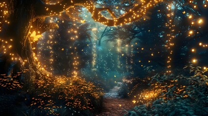 Fototapeta premium Enchanting Woodland Wonderland with Glowing Fairy Lights and Mystical Atmosphere
