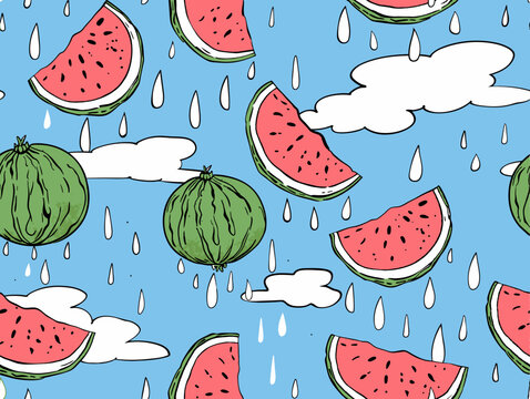 Vector Blue Background With Watermelon Slices and Clouds