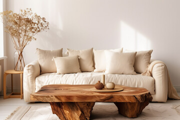Beige sofa with wood slab coffee table