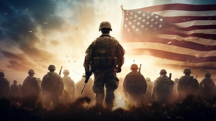 American flag backdrop with soldier silhouettes