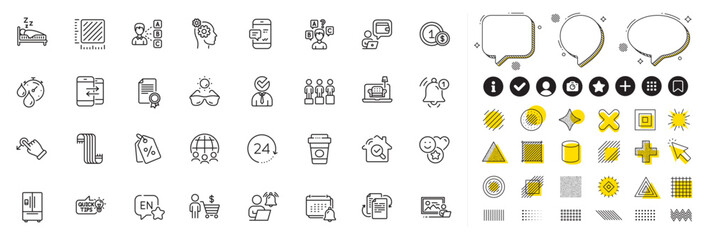Set of Furniture, 24 hours and Scarf line icons for web app. Design elements, Social media icons. Vacancy, Equity, Smile icons. Certificate, Takeaway coffee, English signs. Vector